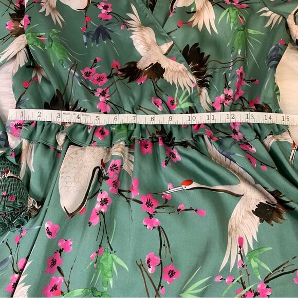 Zara Green Silky Cherry Blossom Heron Crane Dress Size Large U0416 - Picture 5 of 8